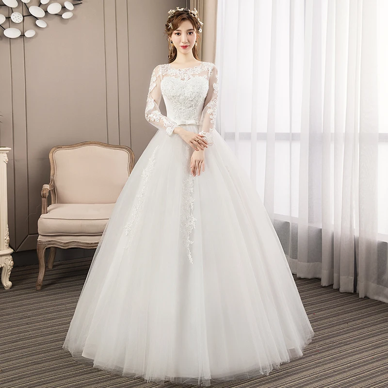 

Off White Bride Dress Long Sleeve Lace Embroidery Wedding Ball Gown Dress