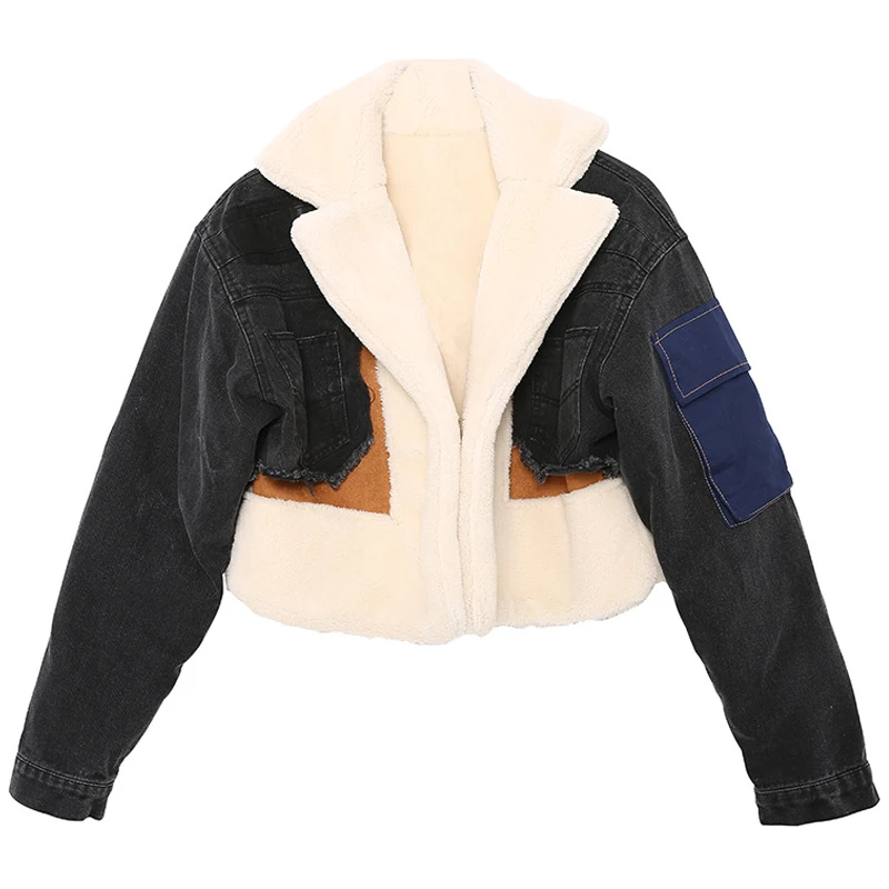 

Streetwear Winter Jacket Sheep Fur Turn-Down Collar Full Sleeves Denim Blue Patchwork Spliced Clothes Letter Printed Coat Trench