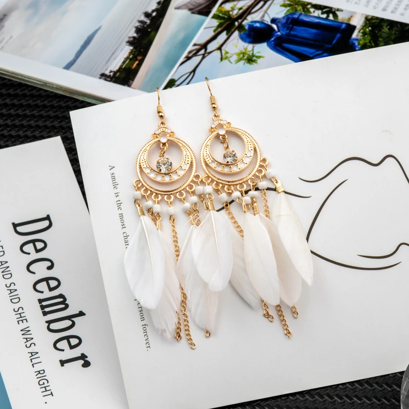 

Bohemian Feather Earrings For Women Vintage Ethnic Style Female Long Tassel Feather Dangle Drop Earrings Jewelry