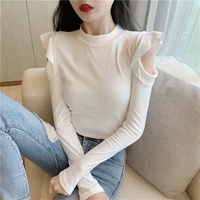 solid color long sleeve t shirt fall new slim bottomed shirt women tshirt sexy t hollow ruffle off shoulder top fashion vogue