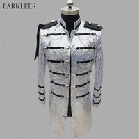 silver sequin military blazer men single breasted punk long blazer jacket men party dress mens suit jacket stage singers costume