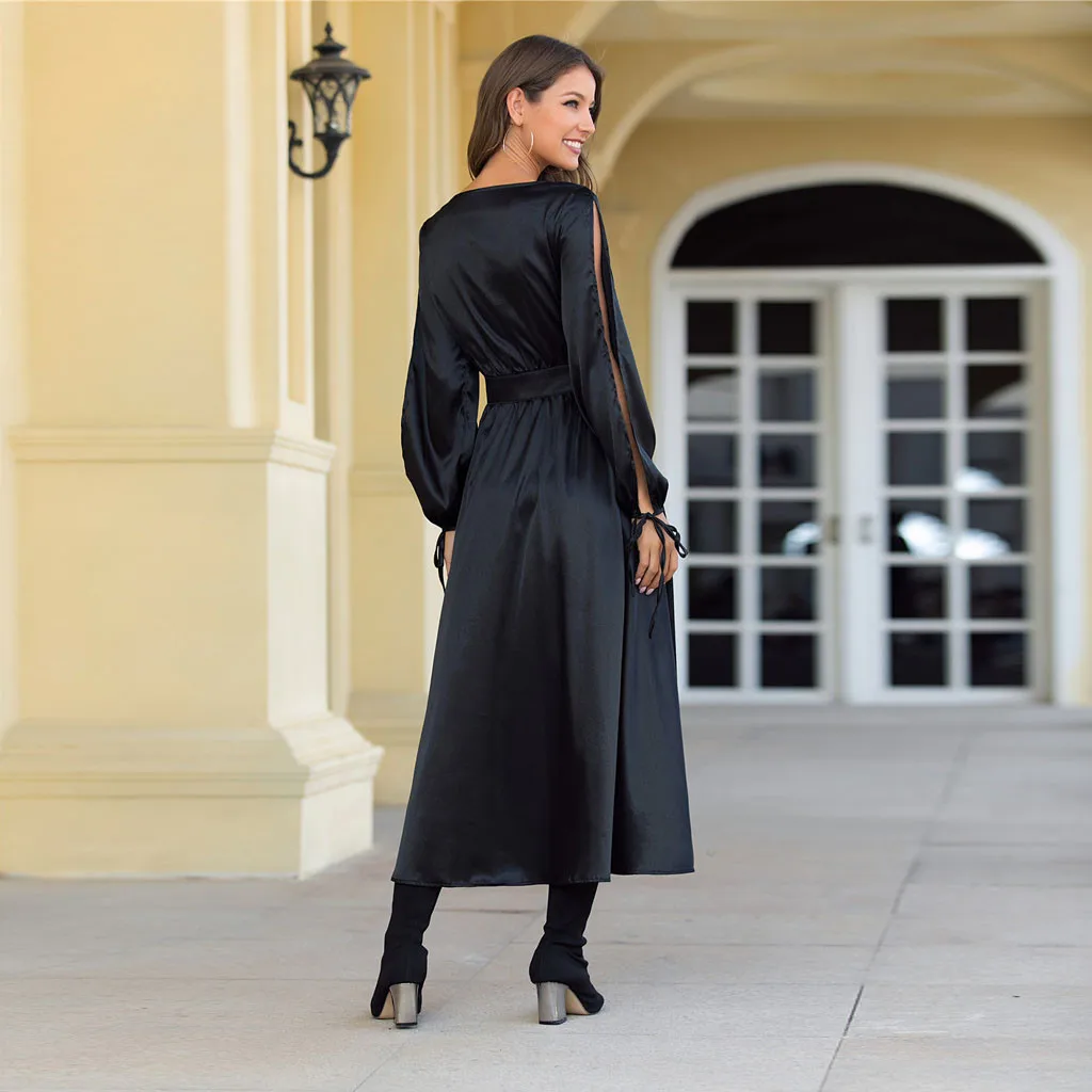 

Women's Spring and Summer Explosion Dress Fashion Long Sleeve V-neck Mid Calf Long Solid Color Irregular Dress 40*