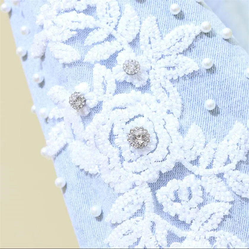 

2020 autumn new beaded gauze lace diamond trendy short denim jacket women