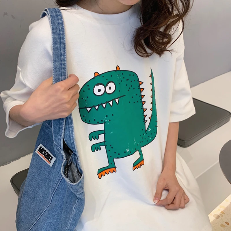 

Women's Loose Large Size Cartoon Printing Top O-Neck Short-Sleeved T-Shirt Summer Korean Version All-Match Creative Trend