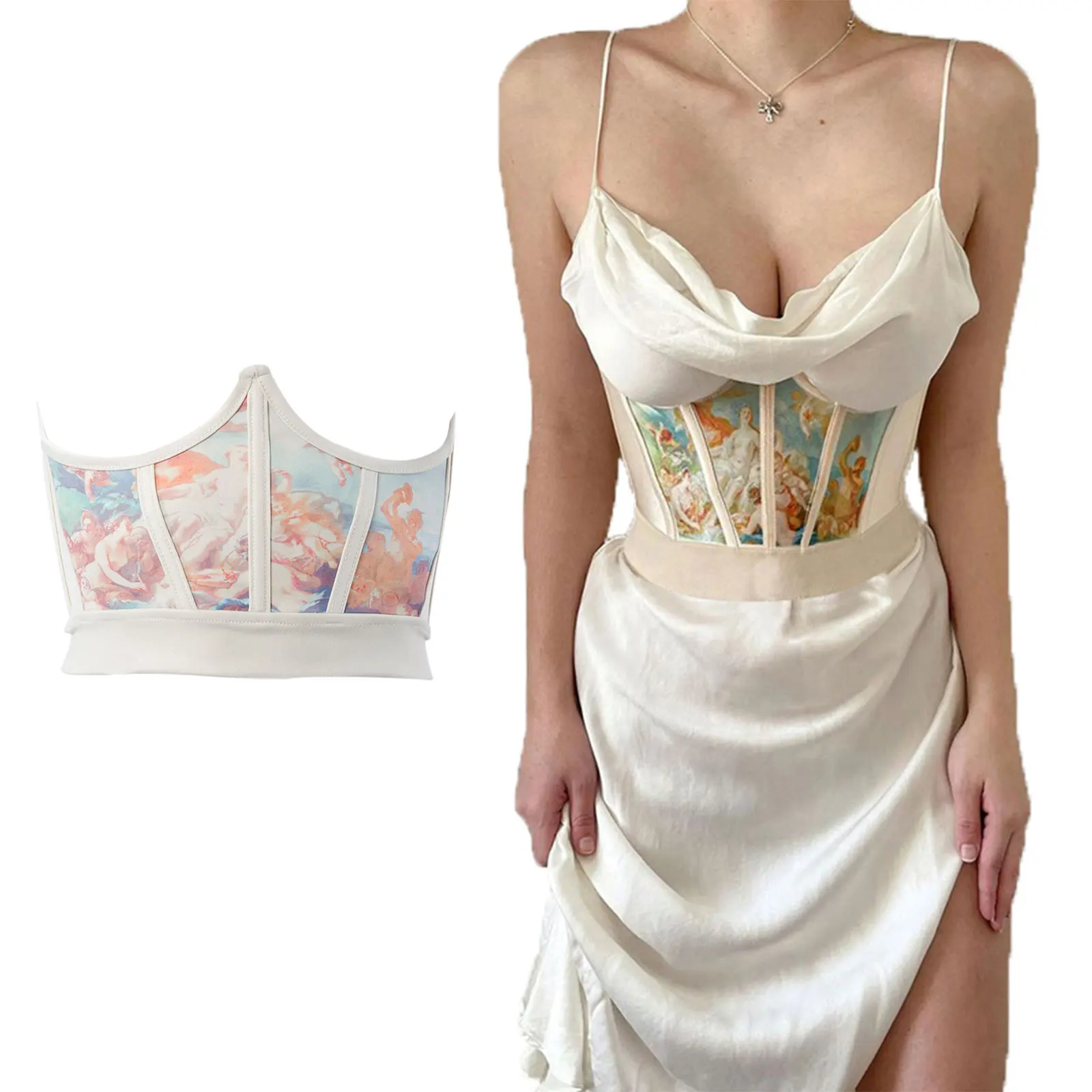 

New fashion Women Fitness Waist Trainer Vintage Oil Painting Print Elastic Corset Cincher Shaper with Chest Support for Girls