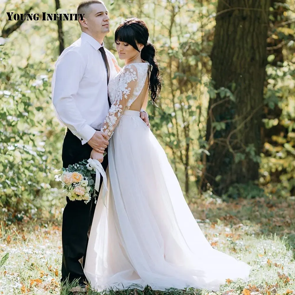 

New Arrival O Neck Wedding Dress 2021 Full Sleeves Backless Lace Appliques Sweep Train Floor Length Plus Size A Line Bridal Gown