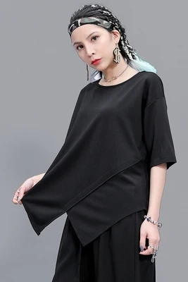 

Large summer new five-sleeve t-shirt fashion casual loose split split stitching asymmetric t-shirt fashion fashion t-trend
