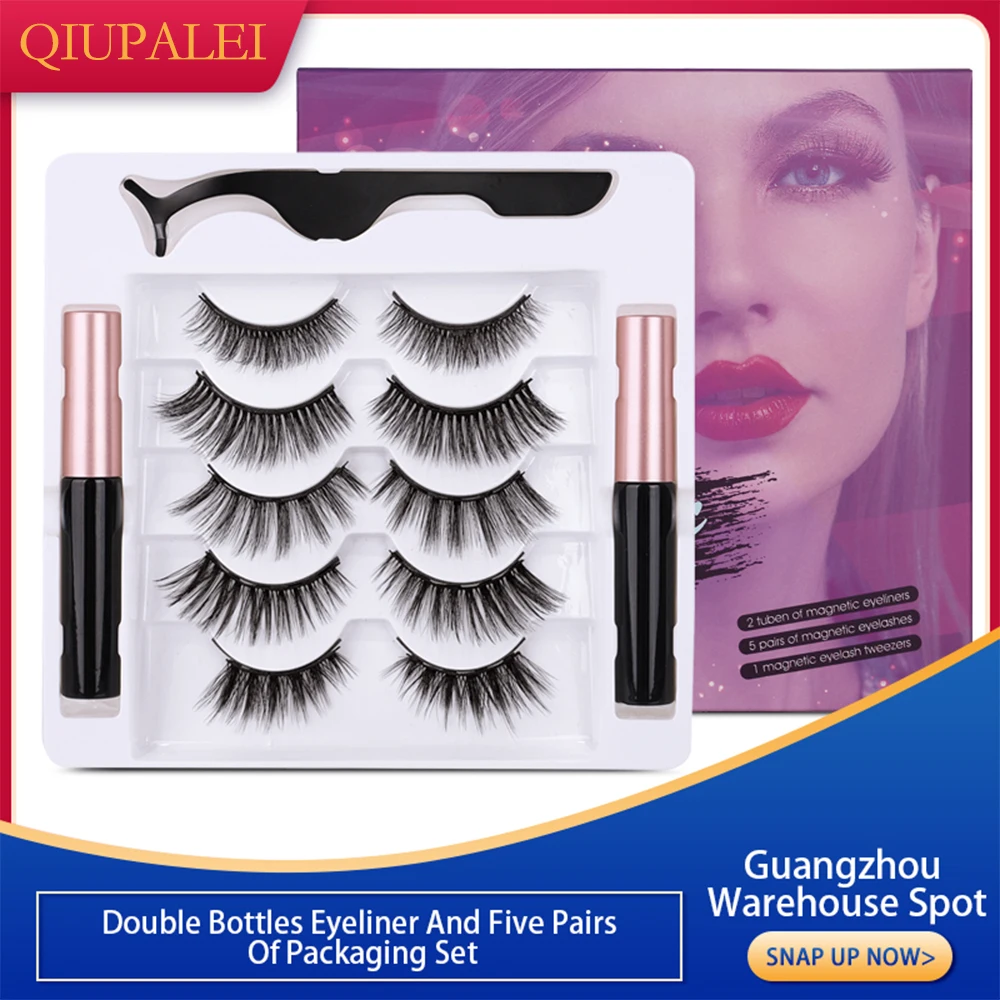 

QIUPALEI 5Pairs Mix Natural Magnetic Eyelashes and Eyeliner Set With Tools Magic Self Adhesive Lashes Makeup Kit Bulk Wholesale