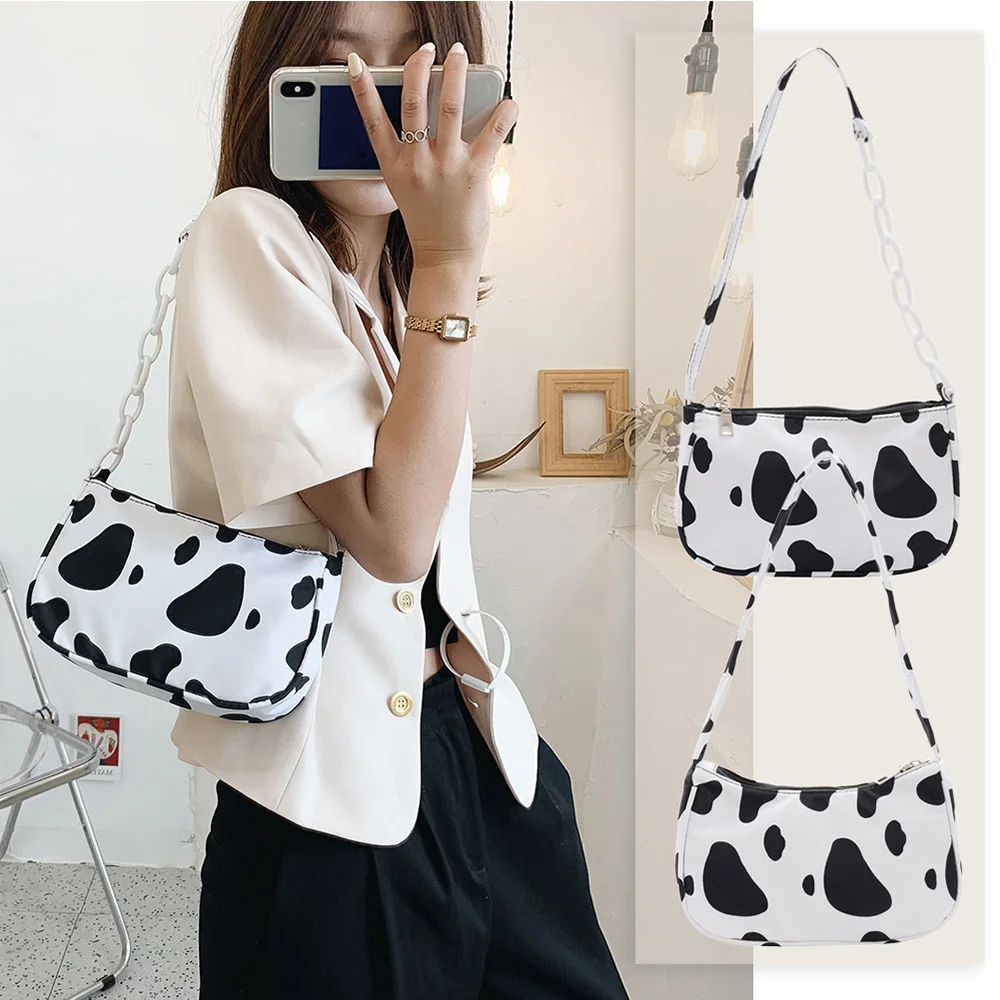 

New Fashion Style Cow Milk Print Women Vintage Top Handbag Totes Female Casual Underarm Shoulder Bags Simple Female Daily Bag