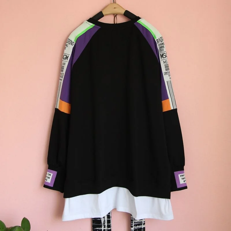 

QING MO Autumn Fashion Long sleeved Pullover Women Loose And Thin Letter Print Top 2021 New Trend Stitching Pullover Red ZWL448