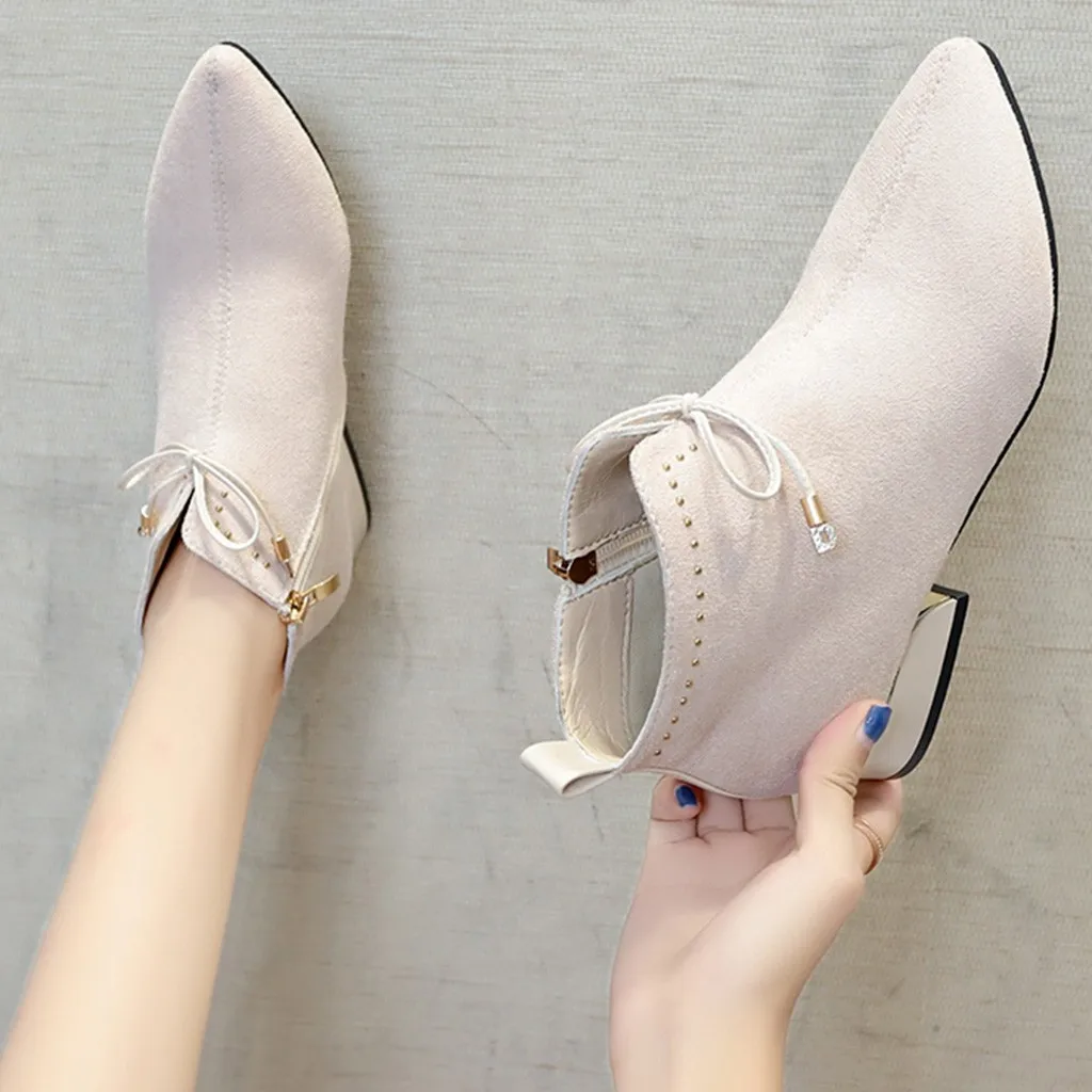 Женские зимние теплые ботильоны на молнии с острым носком ботинки заклепками из