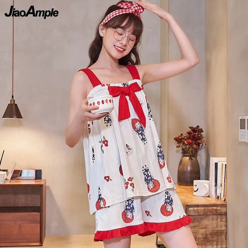Summer Thin Knitted Cotton Pajamas Women Cartoon Cute Nightie 2021 New Suspender Shorts Sleepwear Two-Piece Casual Home Clothes
