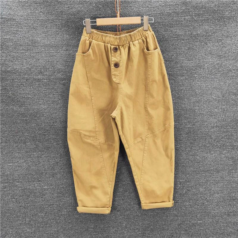 

New Arrival 2020 Spring Women Elastic Waist Loose Harem Pants 100% Cotton All-matched Casual Yellow Pants Plus Size S635