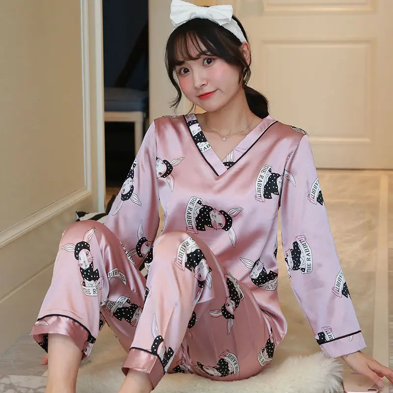 

Pajama Sets Women Spring V-neck Thin Printed Korean Style Women Homewear Sexy Leisure Elegant Sleepwear New Arrival Pyjamas Chic