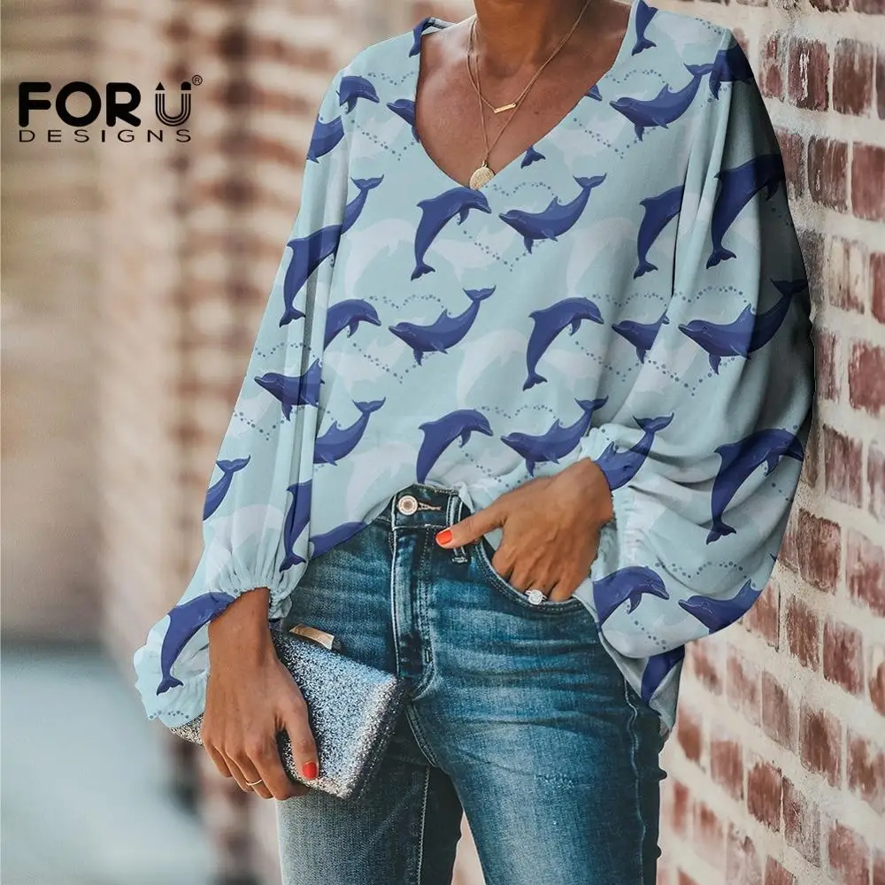 

FORUDESIGNS Deep V Neck Tops Dolphins Of The Ocean Pattern Women Long Sleeve Casual Blouse Oversize Light Blue Shirt XXL Clothes