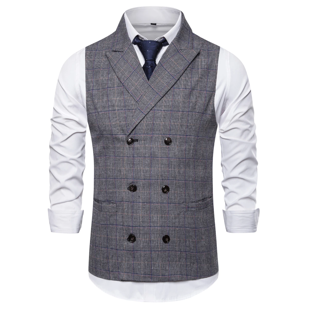 Brand Men's Waistcoat Fashion Retro Tweed Vests Classic Sleeveless Plaid Suit Vest British Style Double Breasted Gilet - Цвет: Grey Suit Vest