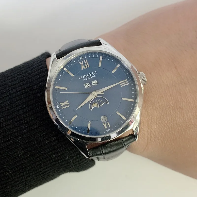 Corgeut 41 мм Moon Phase fashtion автоматические мужские часы Механические наручные