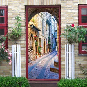 Small Town Street Home Decoration Door Stickers Stone Road Bedroom Living Room Decoration Door Decals Self-Adhesive Two-Piece