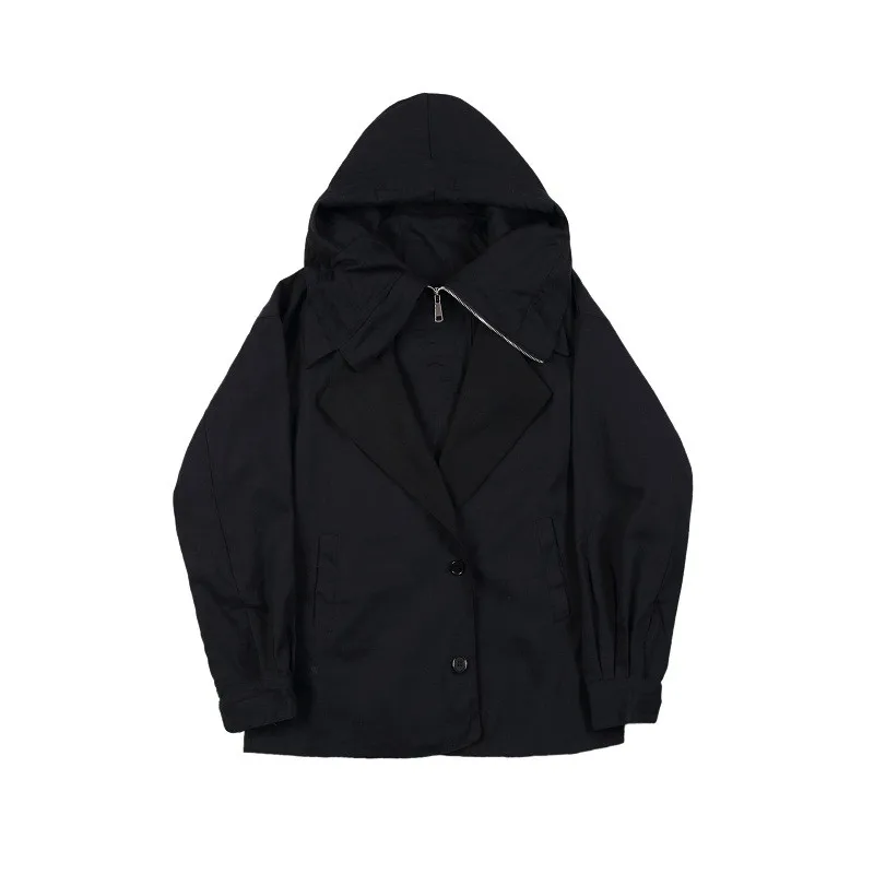 

Punk Hooded Black Jacket Loose Casual Patchwork Vintage Cargo Jackets Male Harajuku Lapel Zipper Windbreakers Fashion Mens Coats