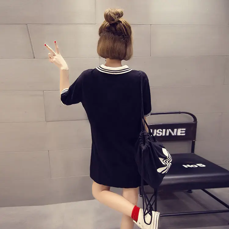 

2021 new summer new black and white medium length T-shirt dress women polo collar loose sports casual skirt