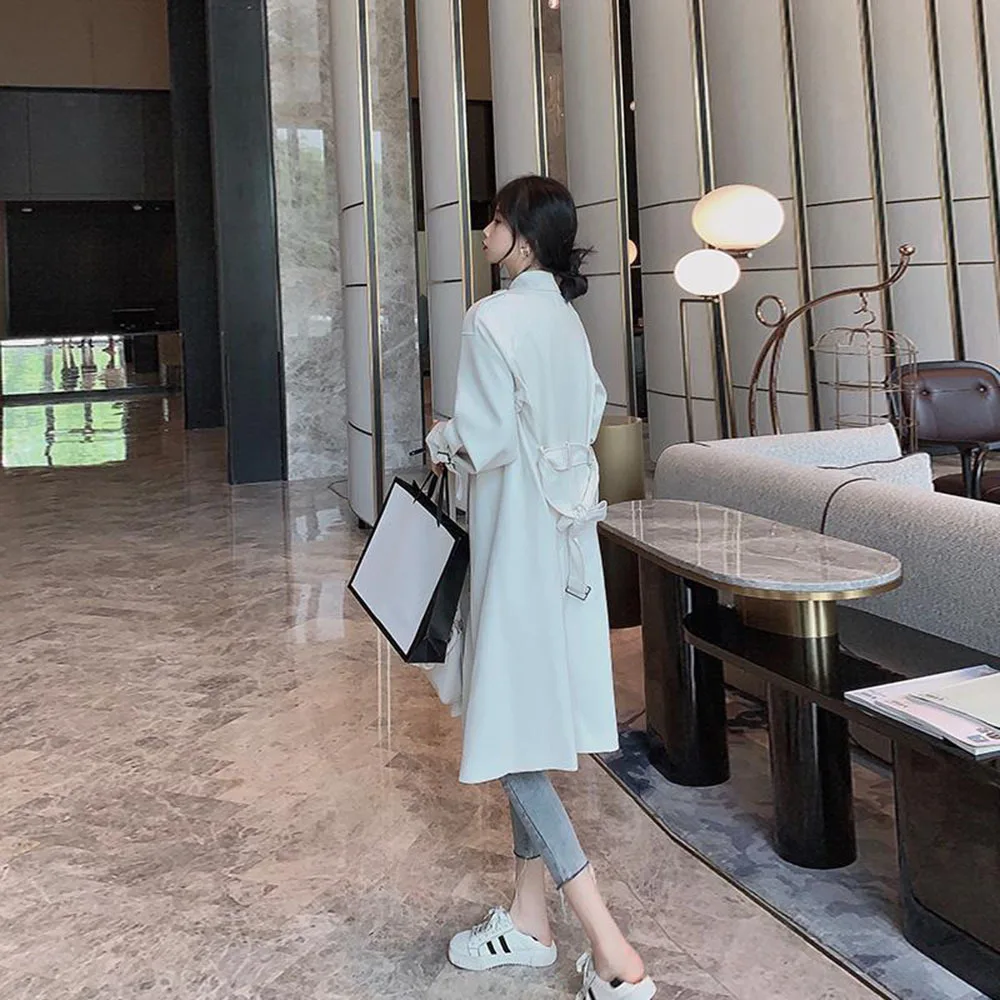 

Elegant Temperament Trench Women's White Mid-length Autumn New Style Korean Style Fashion Long Over-the-knee Casual Women's Coat