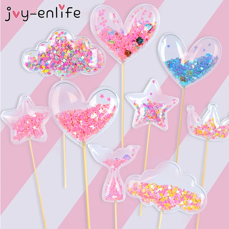 

3Pcs Transparent Sequin Cake Topper Baby Shower Birthday DIY Cake Top Flags Decoration Cupcake Topper Mermaid Party Supplies