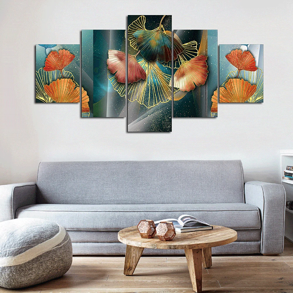 

5 Pieces Canvas Art Luxury Ginkgo Leaf Poster Painting Living Room Flower Wall Picture Print Home Decoration For Bedroom Mural