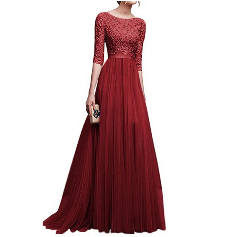 

Plus Size Fashion Womens Solid Color Lace Chiffon Long Casual Slim Maxi Dresses