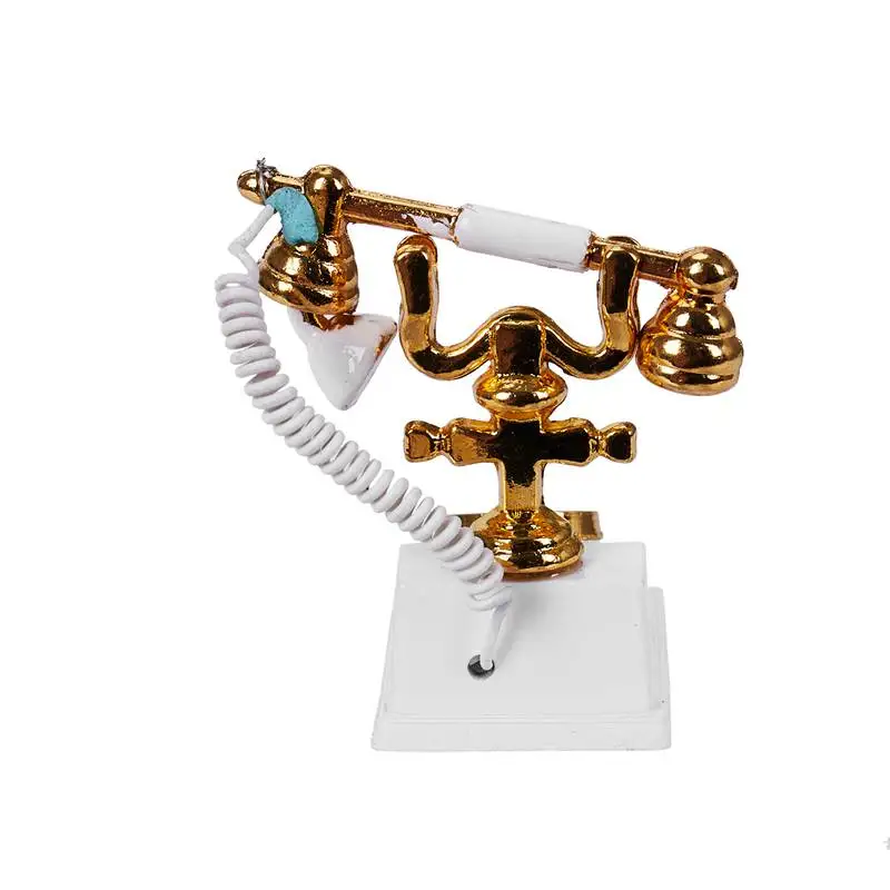 1/12 миниатюрный ретро телефон для кукольного домика винтажный белый и золотой |