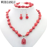 natural stone red coral irregular shape isolation round beads pendant necklace bracelet earrings jewelry set women charms gift