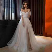luxury a line wedding dresses tube top transparent tulle long sleeve gowns sequins sexy high split robe de tailor made