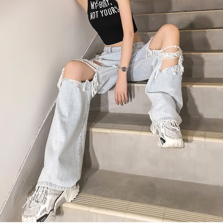 

Summer new high waisted elegant daddy pants BF big hole beggars pants women's loose nine point straight Wide Leg Jeans