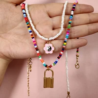 bohemian colorful beads metal lock multilayer necklace for women pearl beaded enamel flower pendant necklaces new trend jewelry