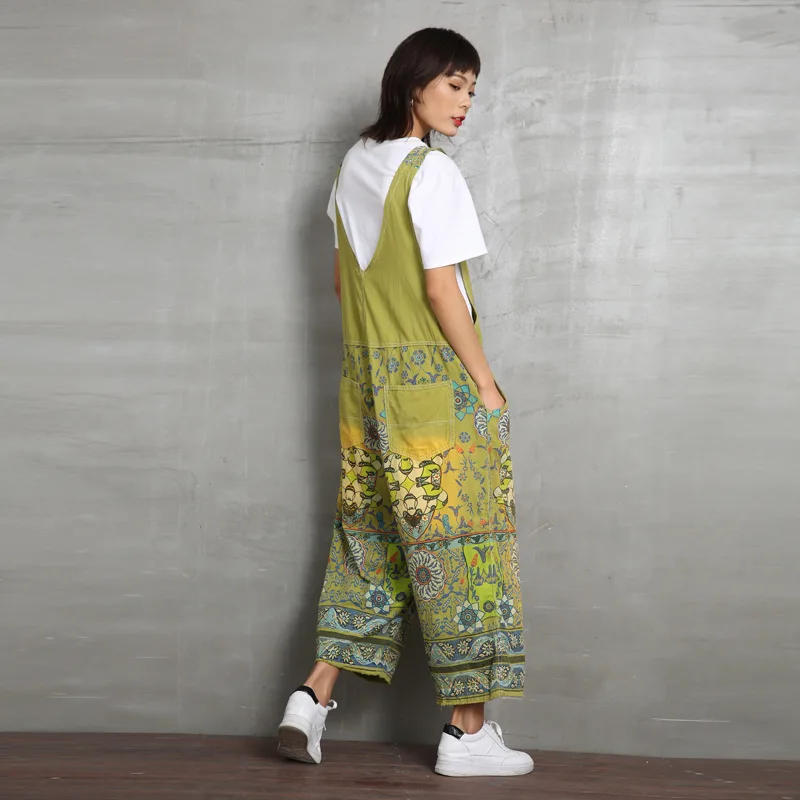 Женский джинсовый комбинезон с принтом повседневный длинный из денима широкими