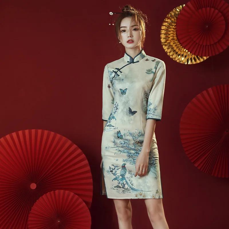 

Женская одежда большого размера, улучшенное платье Ципао с принтом бабочки, модное ретро платье Ципао, Осень-зима 2020