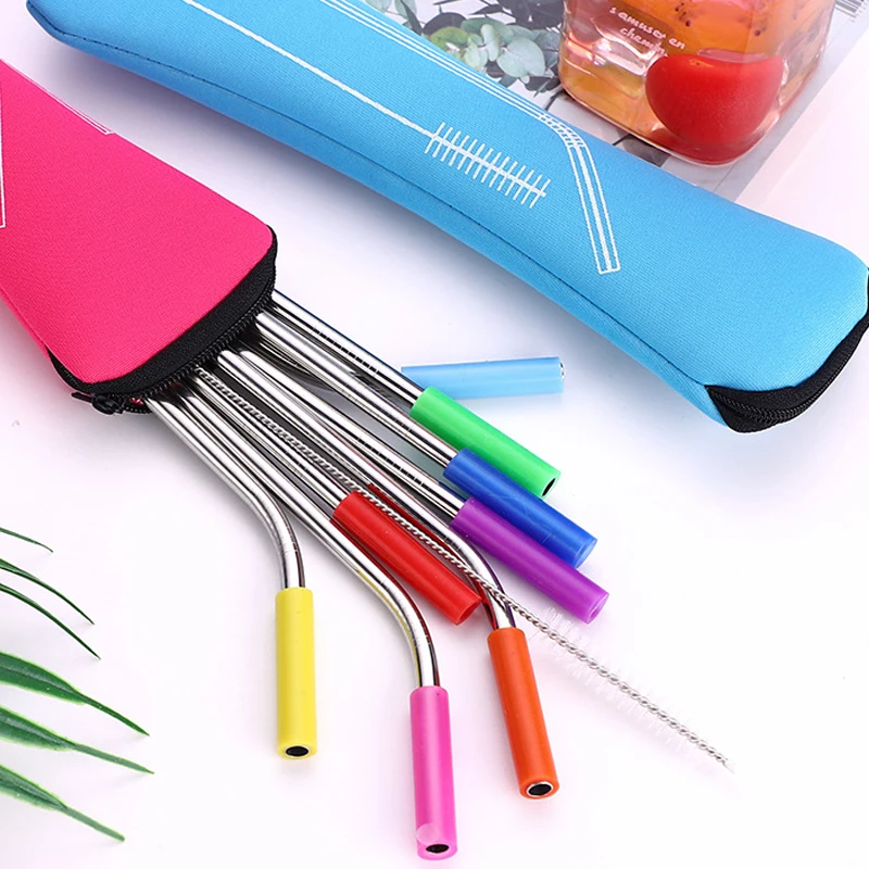

Reusable Stainless Steel Straight Bent Drinking Straws with Silicone Tips Straw With Silicone Tips For Hot Cold Beverage