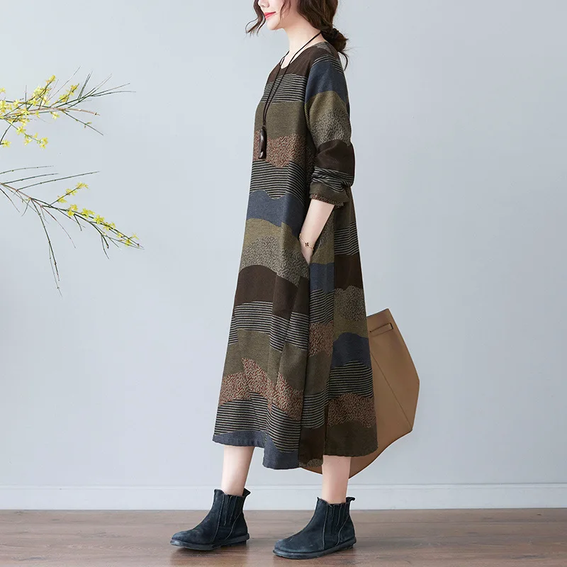 Spring Autumn Women Long-sleeved Stripe Cotton Linen Dress Fall Women's Clothing 2022 New Vintage Plus Size D309 | Женская одежда