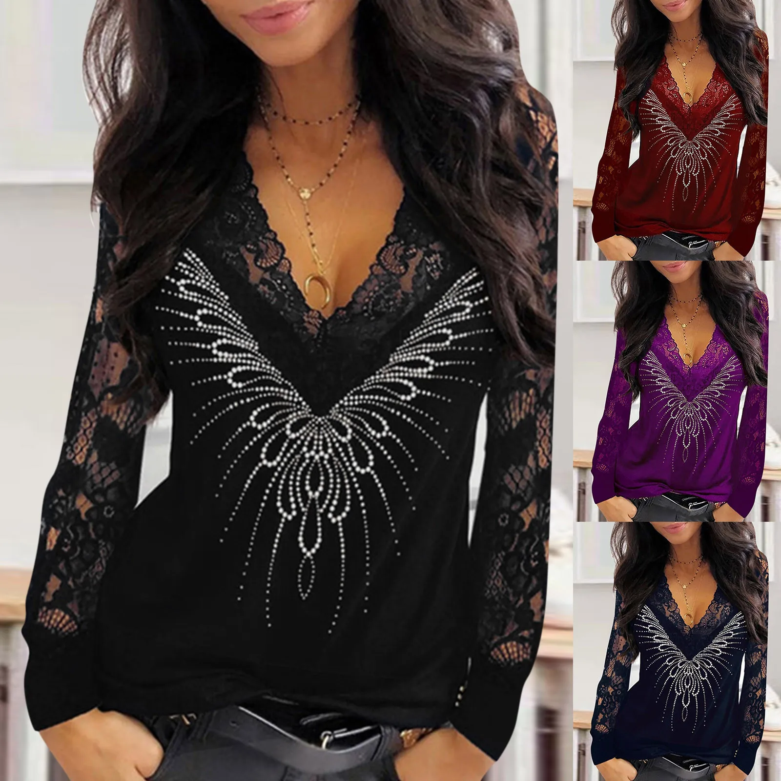 

Women's Fashion Sexy Blouses Females Longe Sleeve Lace Blouses Sequins V-neck Long Sleeves Elegant Blouses
