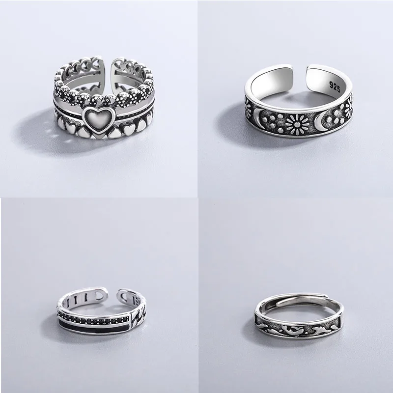 

VENTFILLE 925 Sterling Silver Vintage old style hollow ring black love heart Party Jewelry for Women