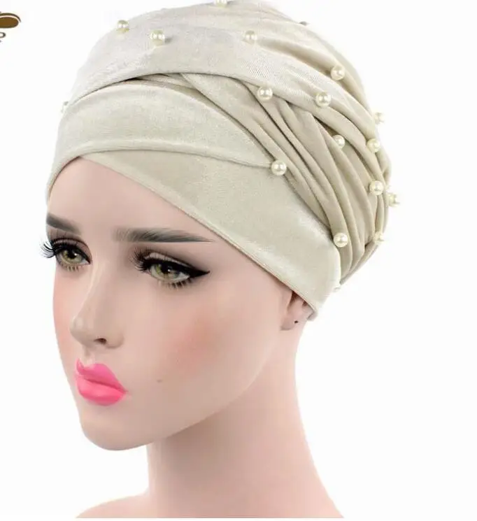 beige Тюрбан головной убор хиджаб голова Scarfvelvet роскошная женская бархатная тюрбан головная повязка с бисером Шипованная жемчужная удлиненная бархатная - Цвет: beige