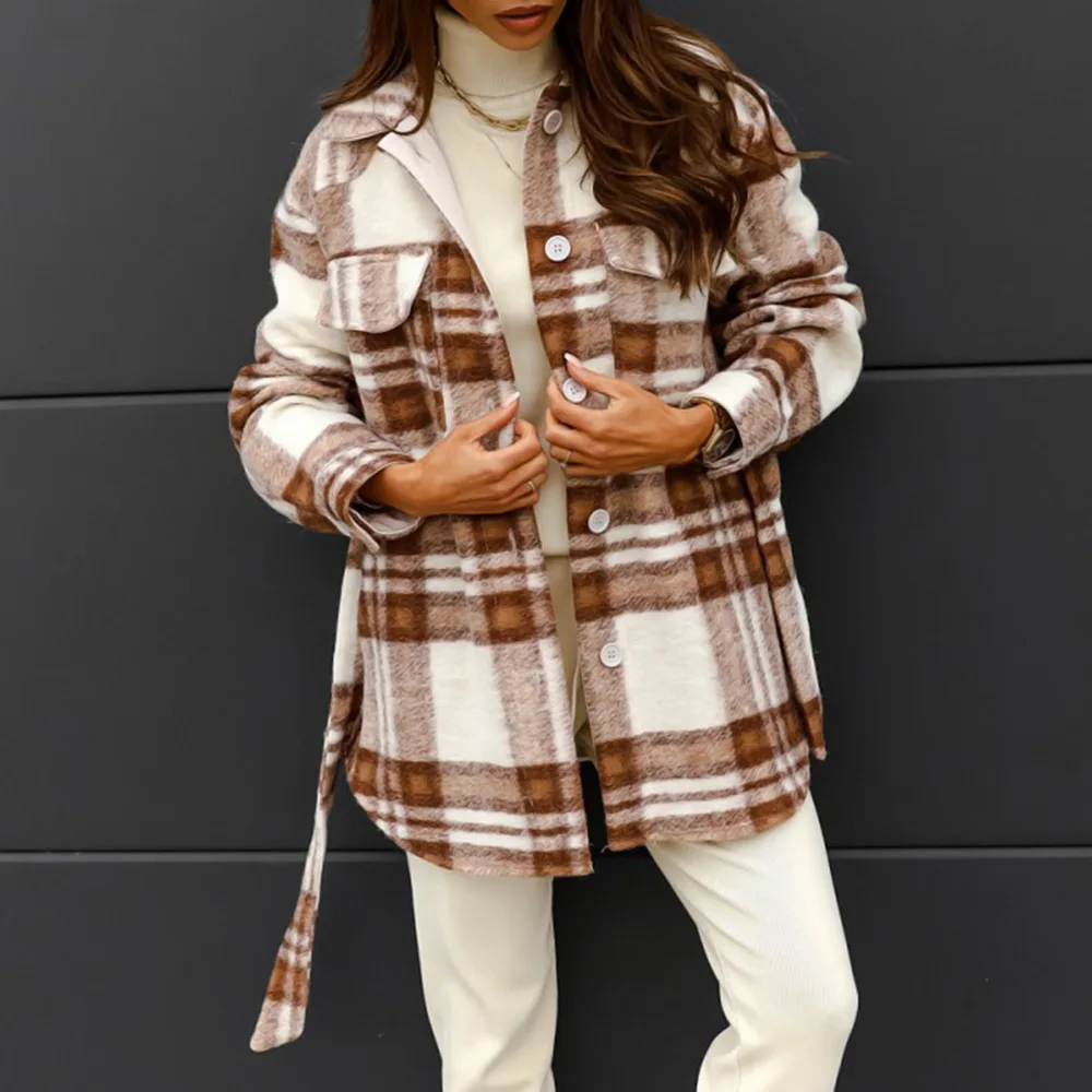 

Oversize Women's Plaid Shirt Jackets Long Sleeve Ladies Tops Outwear 2021 Spring Autumn Loose Women Blends Check Buttons Coats