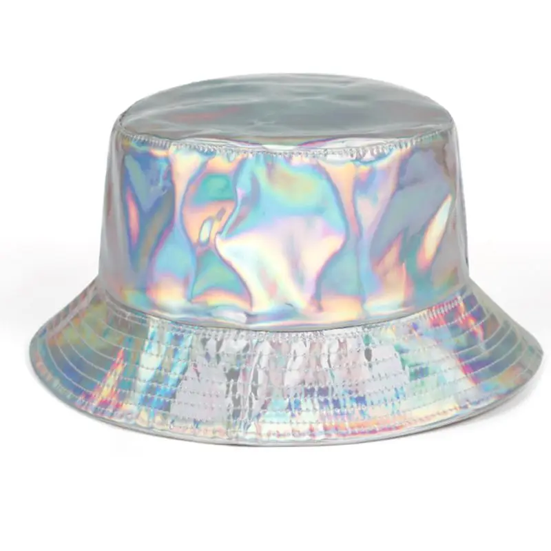 

Women Men Faux Leather Harajuku Hip Hop Bucket Cap Glitter Metallic Holographic Reflective Reversible Wide Brim Fisherman Hat