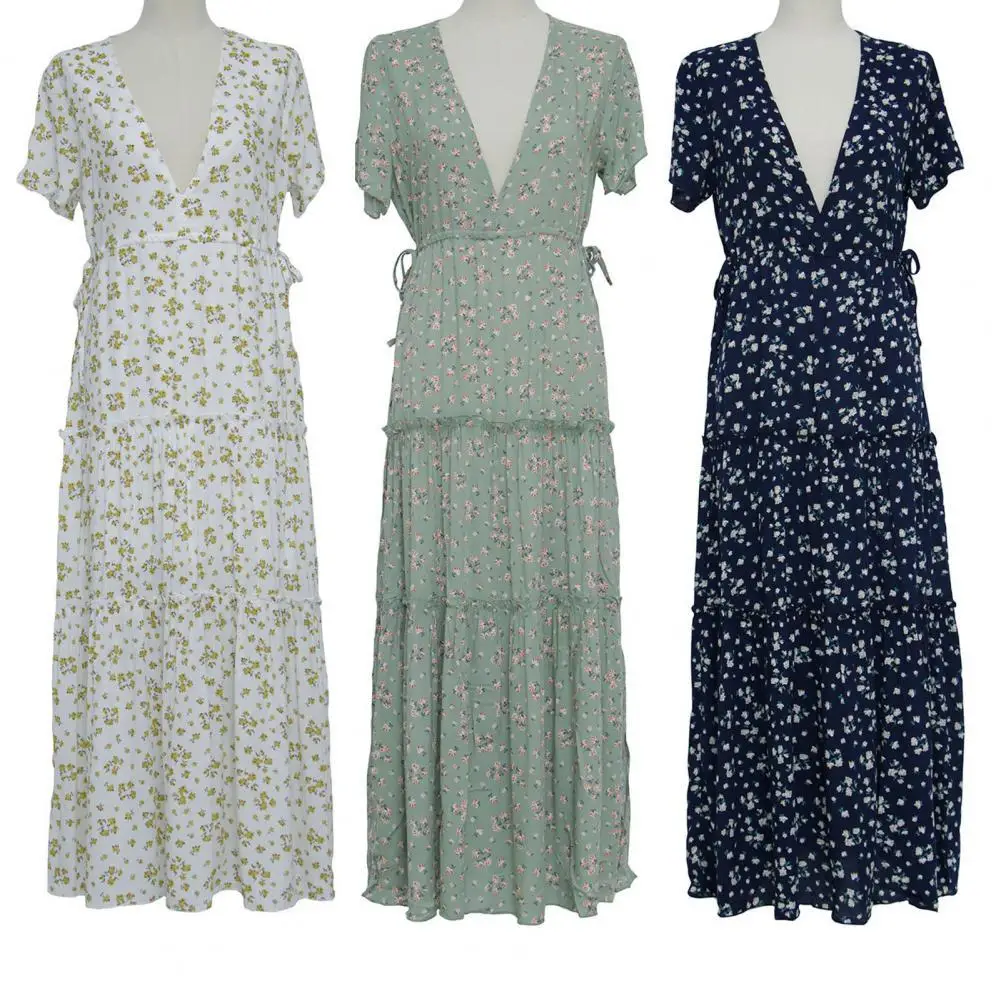 

New Stylish Bohemian Women Summer Dress Short Sleeve Ruffle Deep V Neck Floral Print Elegant Maxi Dress for Party Streetwear