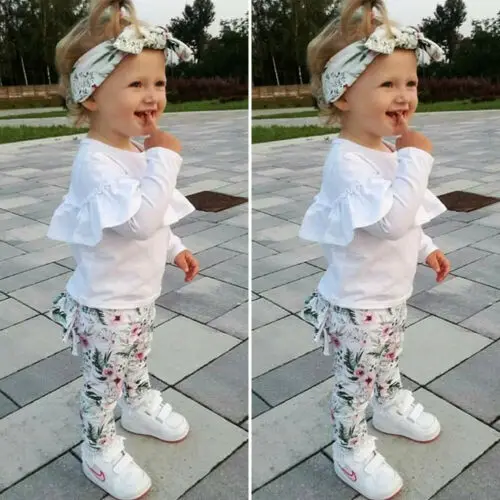 

1-5 Y Spring and Autumn Fashion Boutique Kids Baby clothing set solid top print pant Girl Ruffle Floral Tops Pants Leggings3pcs