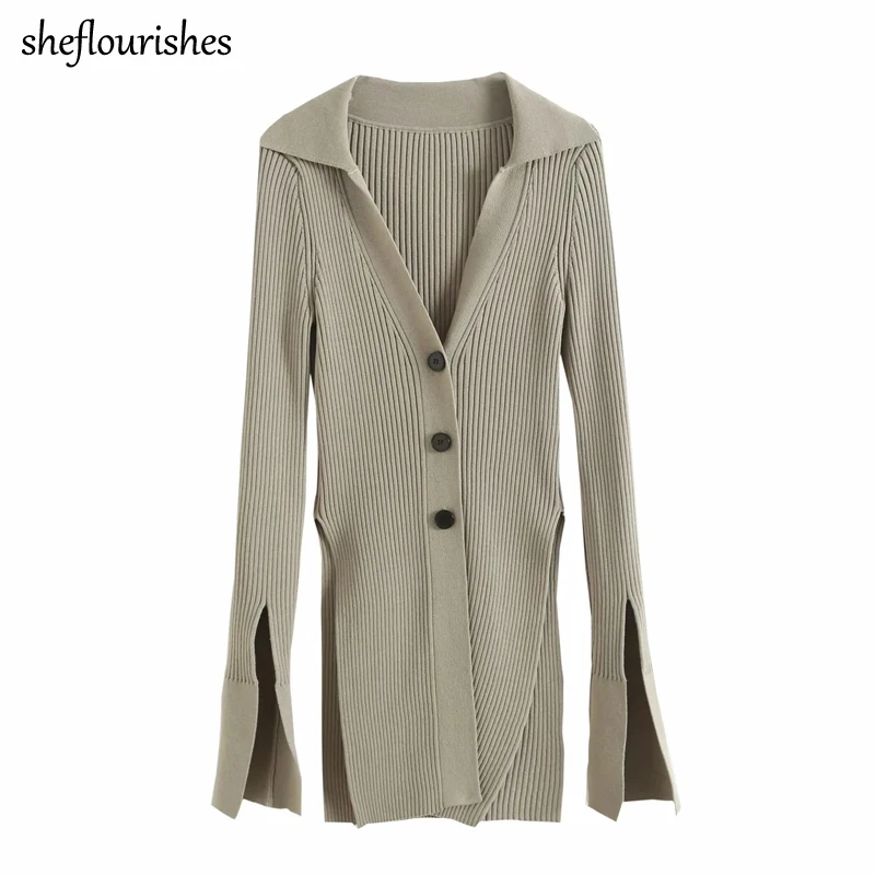 

Elegant sweater women vintage long sleeve top fashion split turn down collar button up sweater black khaki long cardigan women