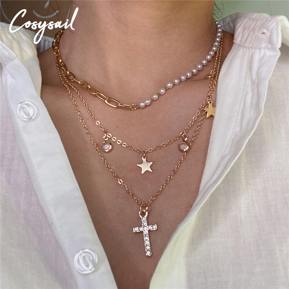 

Cosysail Multilayer Rhinestone Cross with Star Pendant Necklace Punk Imitation Pearl Splice Metal Choker Necklace Women Jewelry