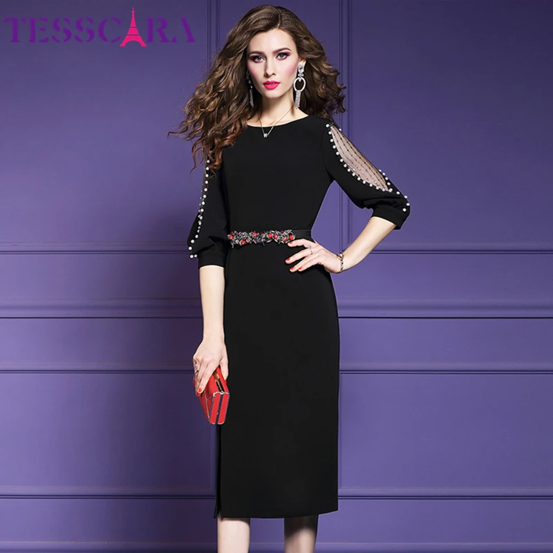 Женское винтажное платье TESSCARA элегантное офисное вечернее с бисером