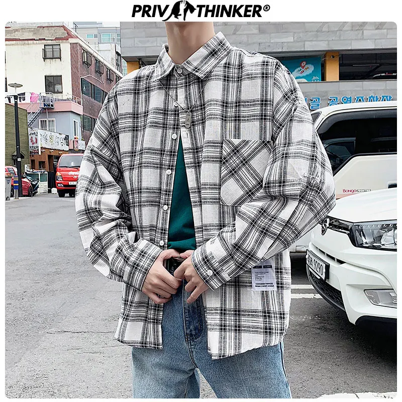 Privathinker 2020 мужские клетчатые хлопковые свободные рубашки Мужская Осенняя Harajuku