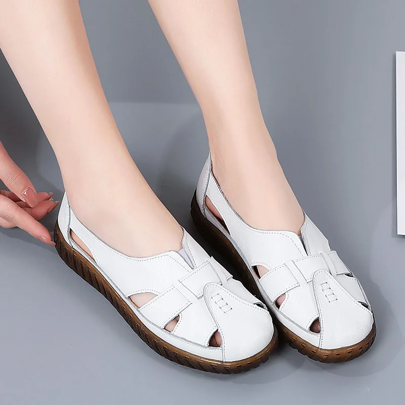 

WDZKN Plus Size 35-41 Women Flat Shoes Summer Hollow Breathable Slip On Loafers Soft Bottom Genuine Leather Hole Shoes White