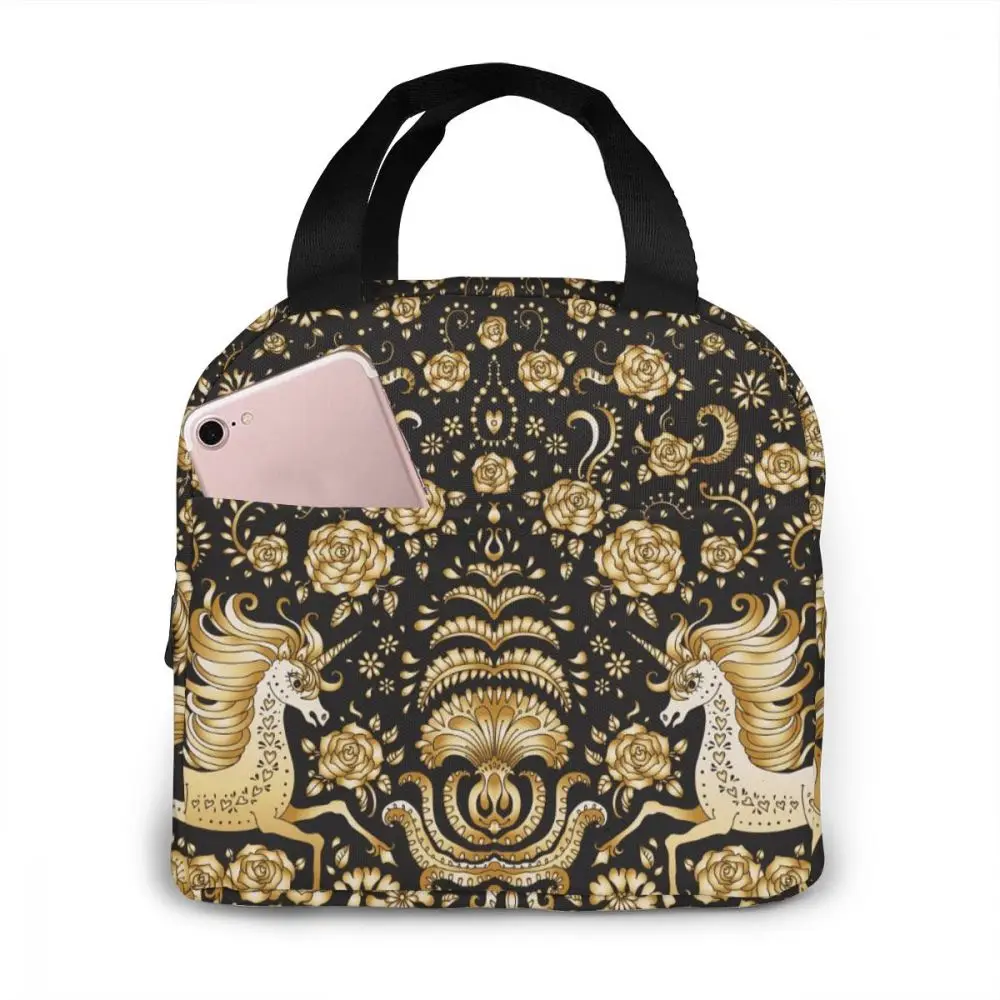 

Portable Lunch Bag Gold Unicorn Thermal Insulated Lunch Box Tote Cooler Bag Bento Pouch Lunch Container Food Storage Bag